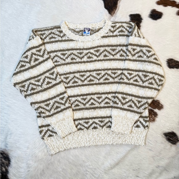Vintage Yessica Geometric Knit Sweater Cream Olive M–L - Picture 6 of 6